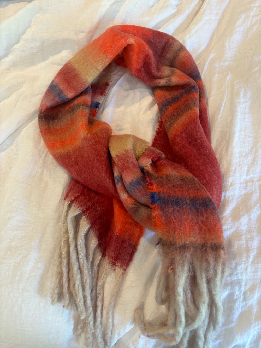 FREE PEOPLE Soft Red Multi-Stripe Women's Fringe Scarf 100% Polyester NWOT